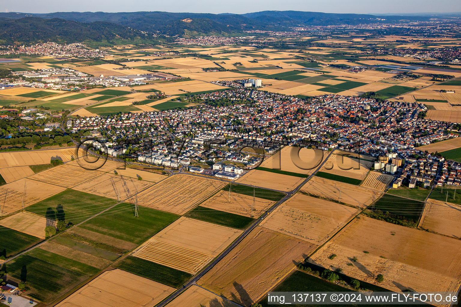 Aerial photograpy of From the northwest in Heddesheim in the state Baden-Wuerttemberg, Germany