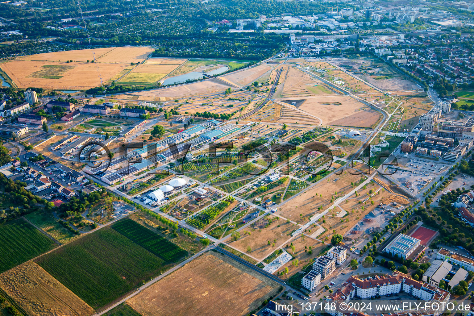 Overview from the northwest of Spinelli Park of the Federal Garden Show Mannheim BUGA 2023 in the district Käfertal in Mannheim in the state Baden-Wuerttemberg, Germany