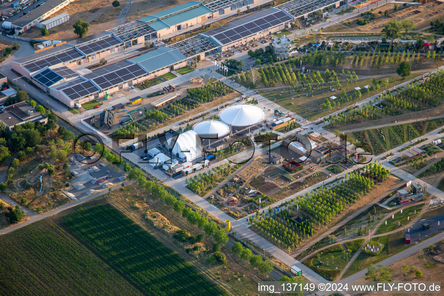 Main stage in Spinelli Park of the Federal Garden Show Mannheim BUGA 2023 in the district Feudenheim in Mannheim in the state Baden-Wuerttemberg, Germany