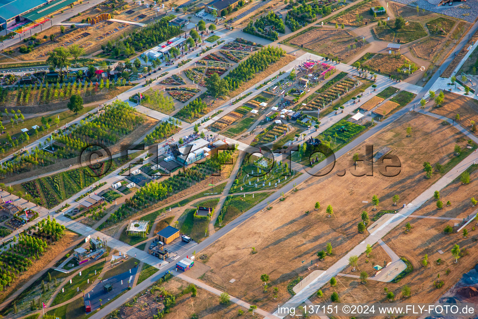 Aerial view of EXPERIMENTAL FIELD in the Spinelli Park of the Federal Garden Show Mannheim BUGA 2023 in the district Käfertal in Mannheim in the state Baden-Wuerttemberg, Germany