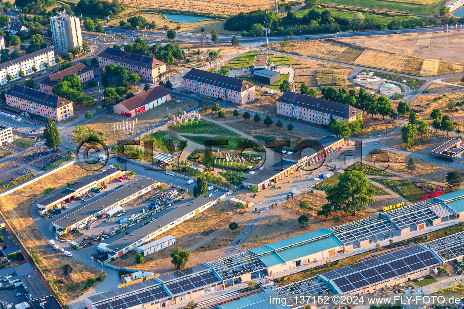 Welcome area of the Spinelli Park of the Federal Garden Show Mannheim BUGA 2023 in the district Feudenheim in Mannheim in the state Baden-Wuerttemberg, Germany out of the air