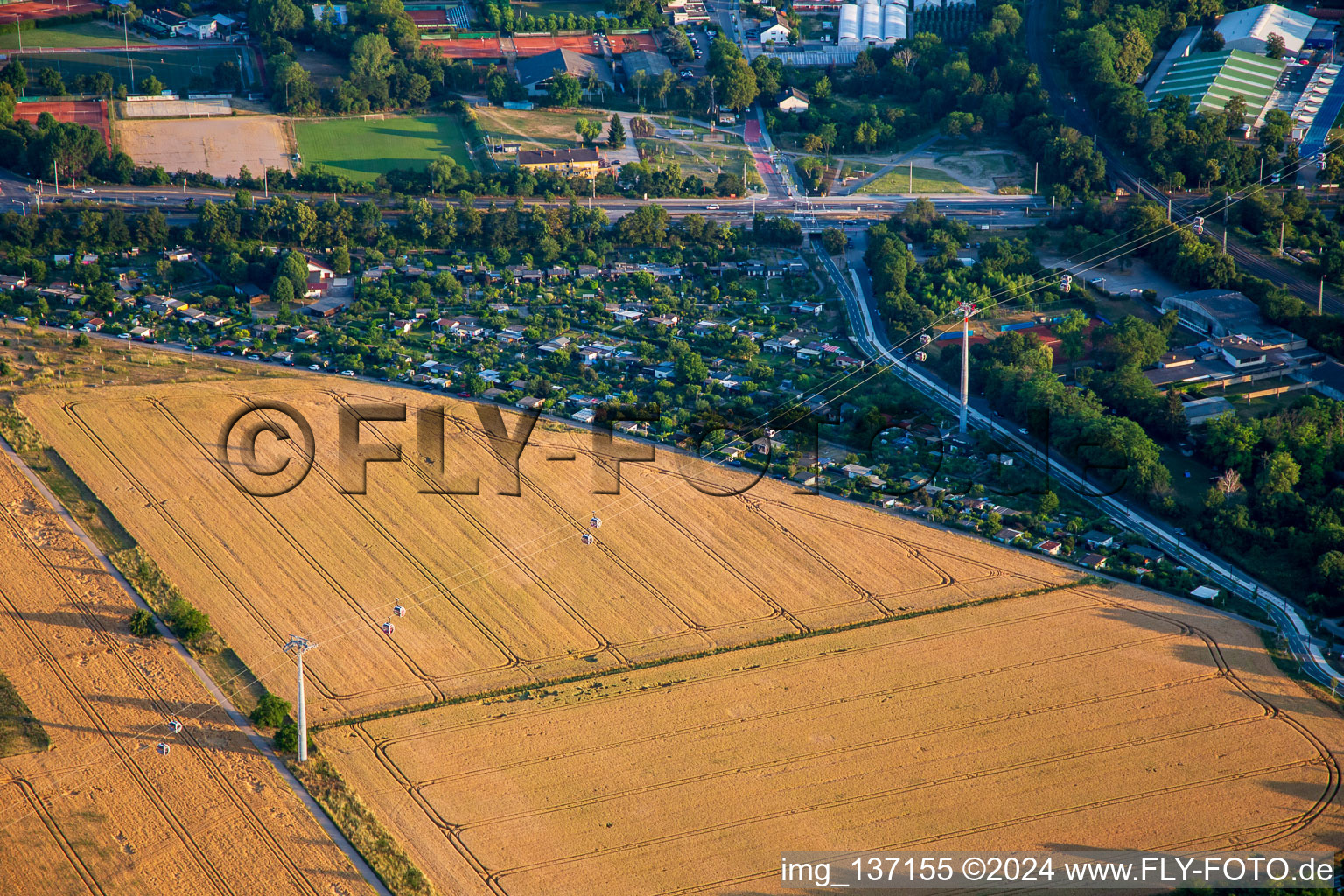 Aerial photograpy of Cable car from Spinelli to Luisen-Park of the Federal Garden Show Mannheim BUGA 2023 in the district Feudenheim in Mannheim in the state Baden-Wuerttemberg, Germany