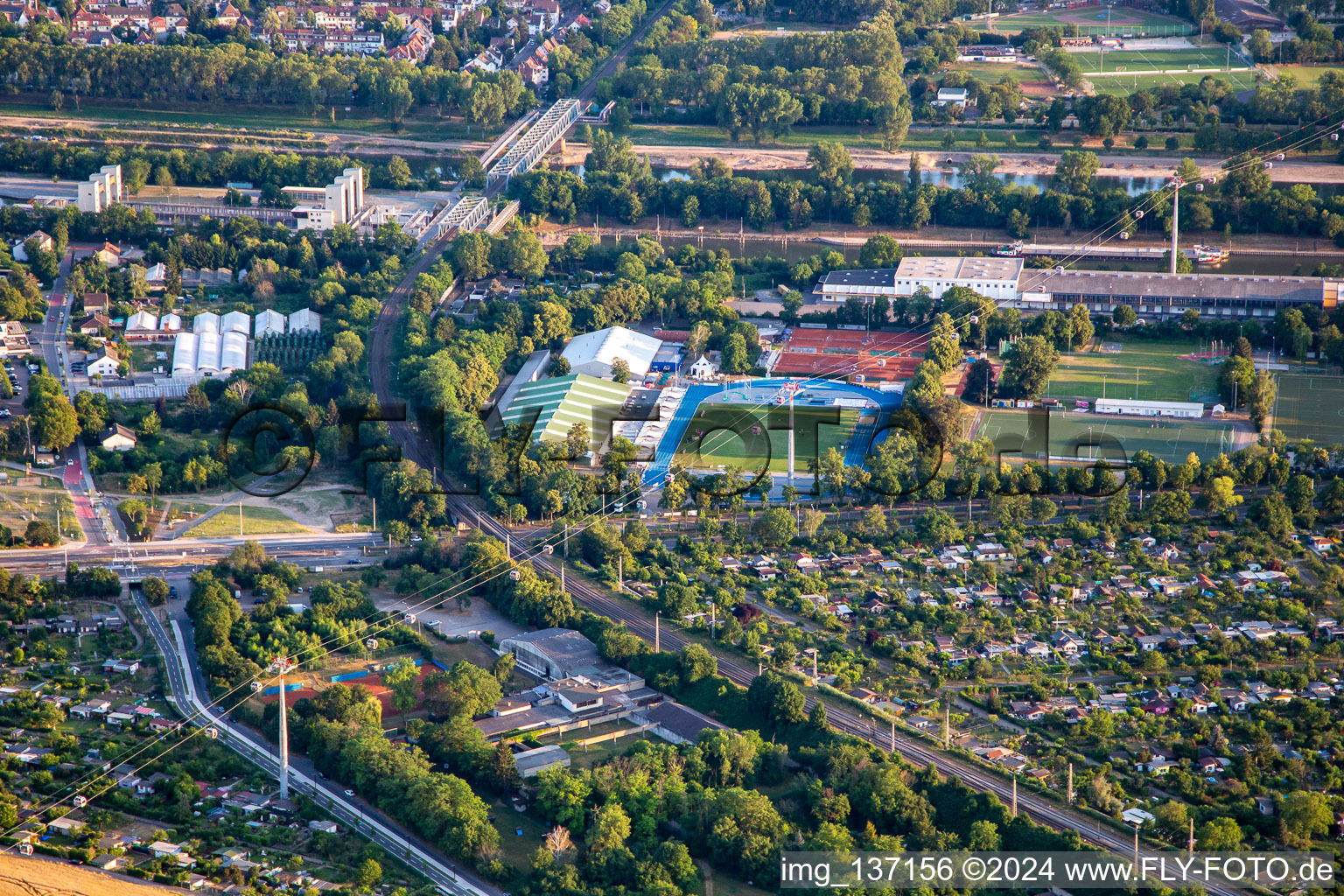 Cable car from Spinelli to Luisen-Park of the Federal Garden Show Mannheim BUGA 2023 in the district Neckarstadt-Ost in Mannheim in the state Baden-Wuerttemberg, Germany