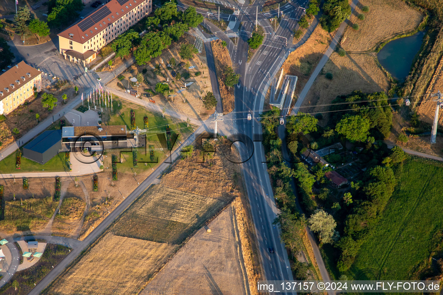 Cable car station Luisen-Park from Spinelpark at the Federal Garden Show Mannheim BUGA 2023 in the district Oststadt in Mannheim in the state Baden-Wuerttemberg, Germany