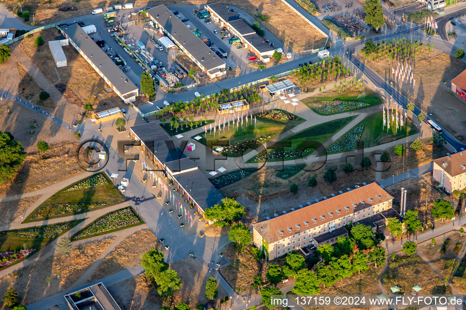 Welcome area of the Spinelli Park of the Federal Garden Show Mannheim BUGA 2023 in the district Feudenheim in Mannheim in the state Baden-Wuerttemberg, Germany seen from above