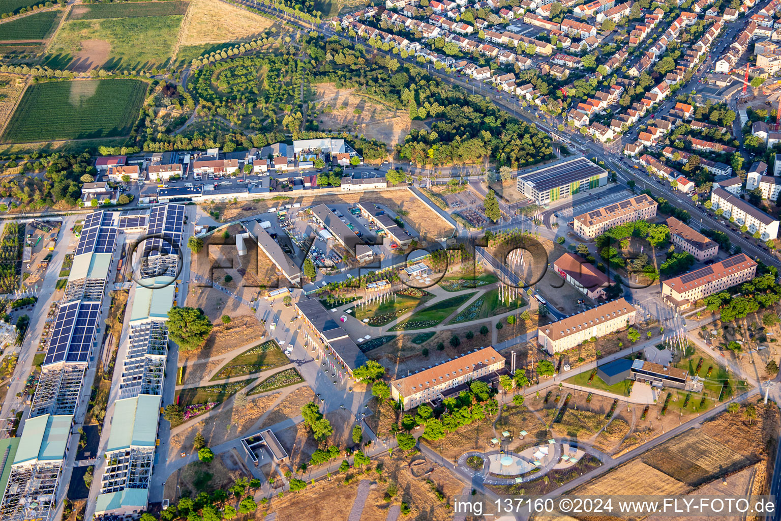 Welcome area and U-Halls in the Spinelli Park of the Federal Garden Show Mannheim BUGA 2023 in the district Feudenheim in Mannheim in the state Baden-Wuerttemberg, Germany