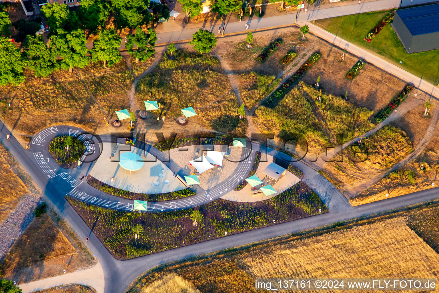 Aerial view of Strong for the future - Universities at the Spinelli Park of the Federal Garden Show Mannheim BUGA 2023 in the district Feudenheim in Mannheim in the state Baden-Wuerttemberg, Germany