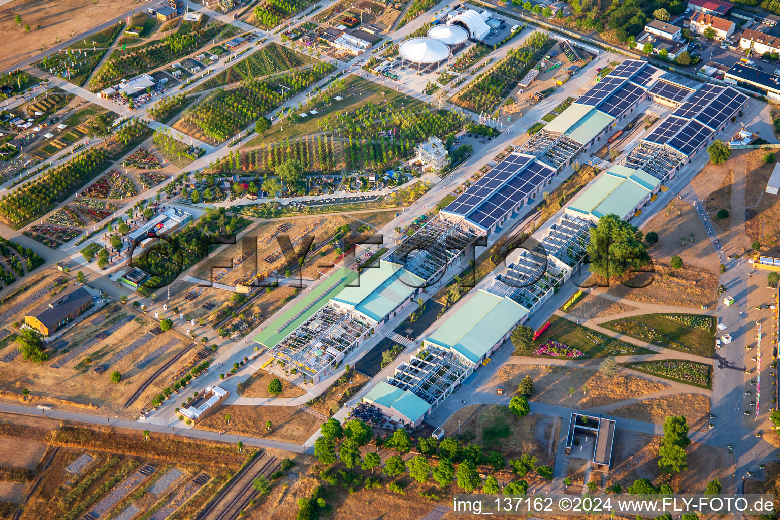 Aerial view of EXPERIMENTAL FIELD in the Spinelli Park of the Federal Garden Show Mannheim BUGA 2023 in the district Feudenheim in Mannheim in the state Baden-Wuerttemberg, Germany