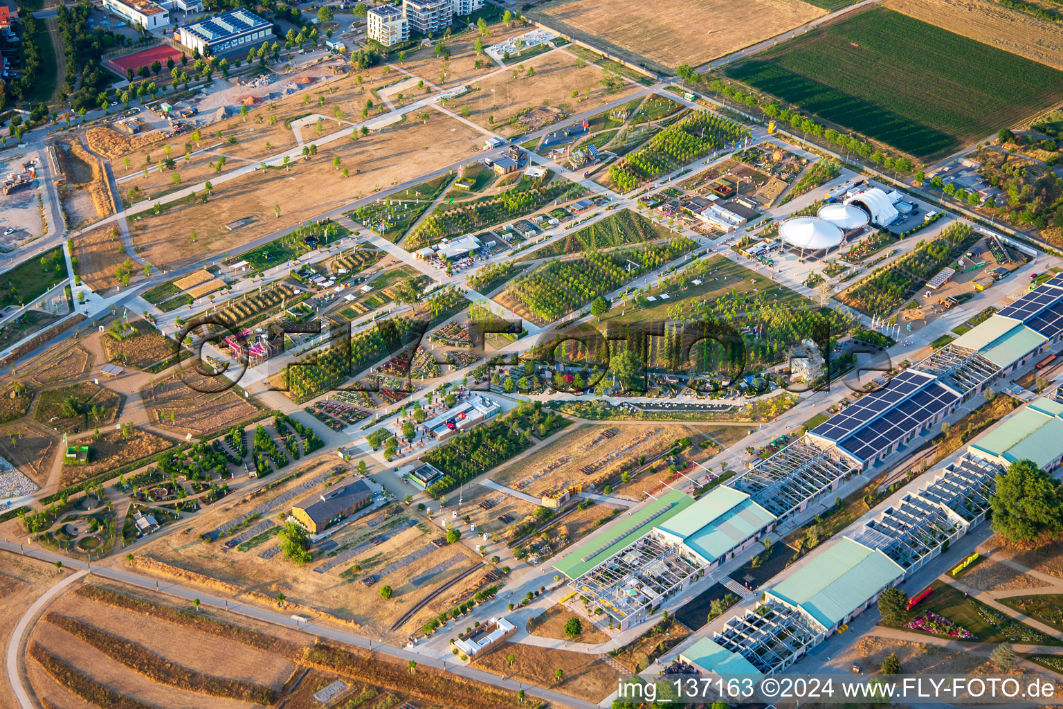 Aerial photograpy of EXPERIMENTAL FIELD in the Spinelli Park of the Federal Garden Show Mannheim BUGA 2023 in the district Feudenheim in Mannheim in the state Baden-Wuerttemberg, Germany