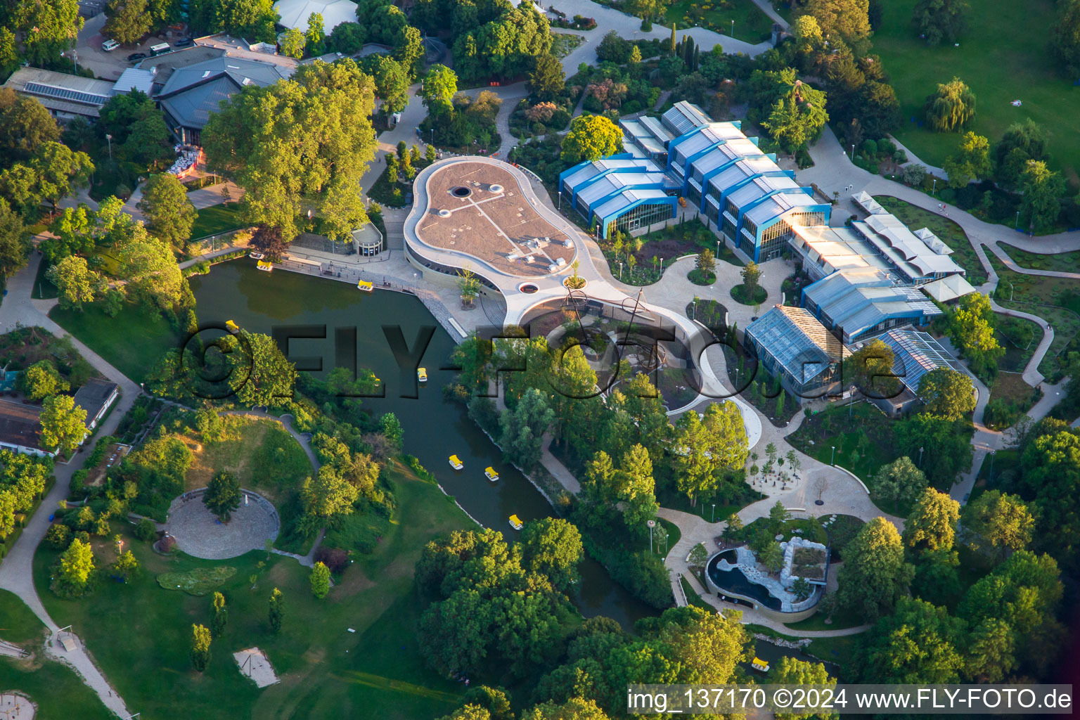 Aerial view of Plant Showhouse (Botanical Garden) in Luisenpark, part of the Federal Garden Show 2023 BUGA23 in the district Oststadt in Mannheim in the state Baden-Wuerttemberg, Germany