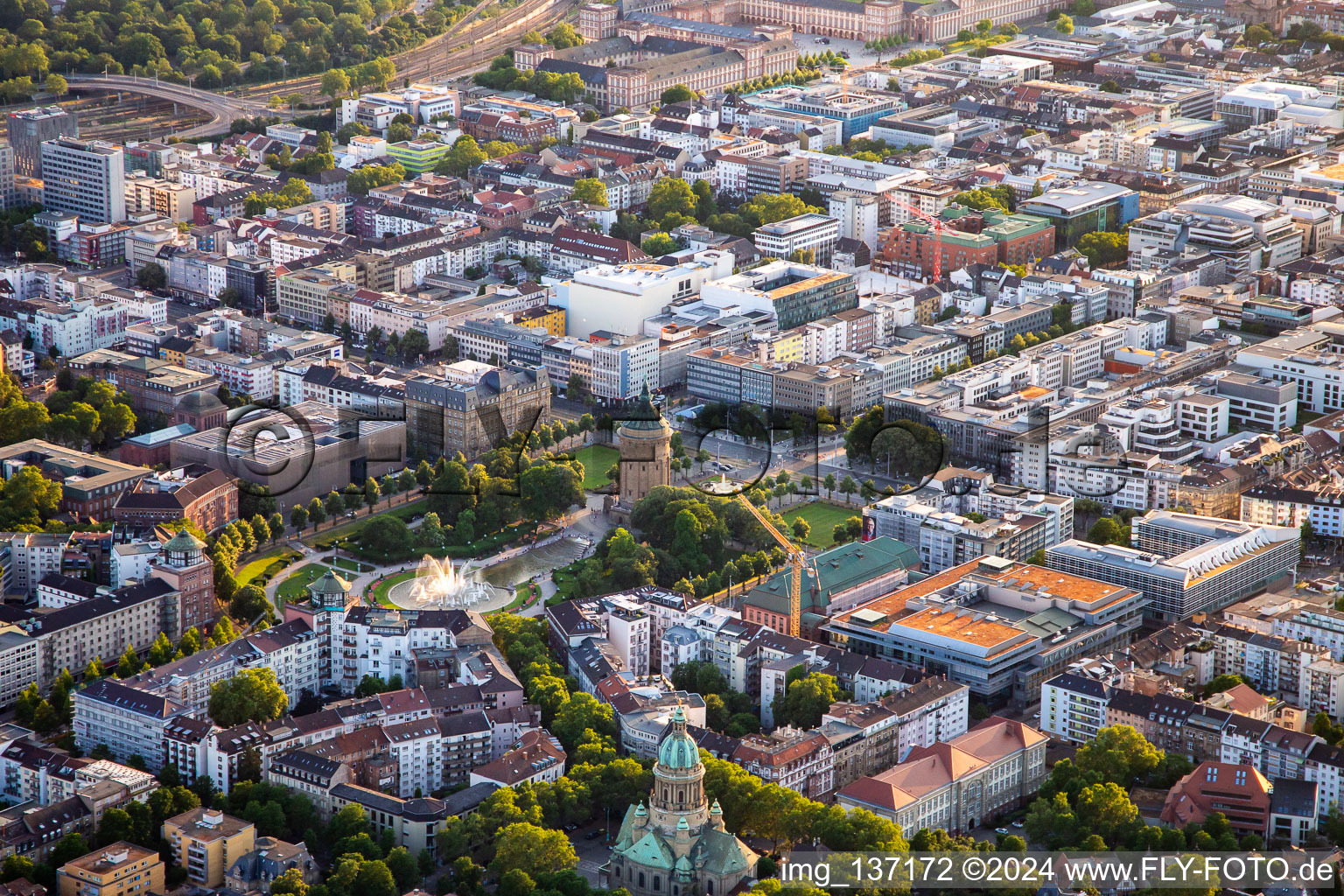 Rose garden and water tower in the district Oststadt in Mannheim in the state Baden-Wuerttemberg, Germany