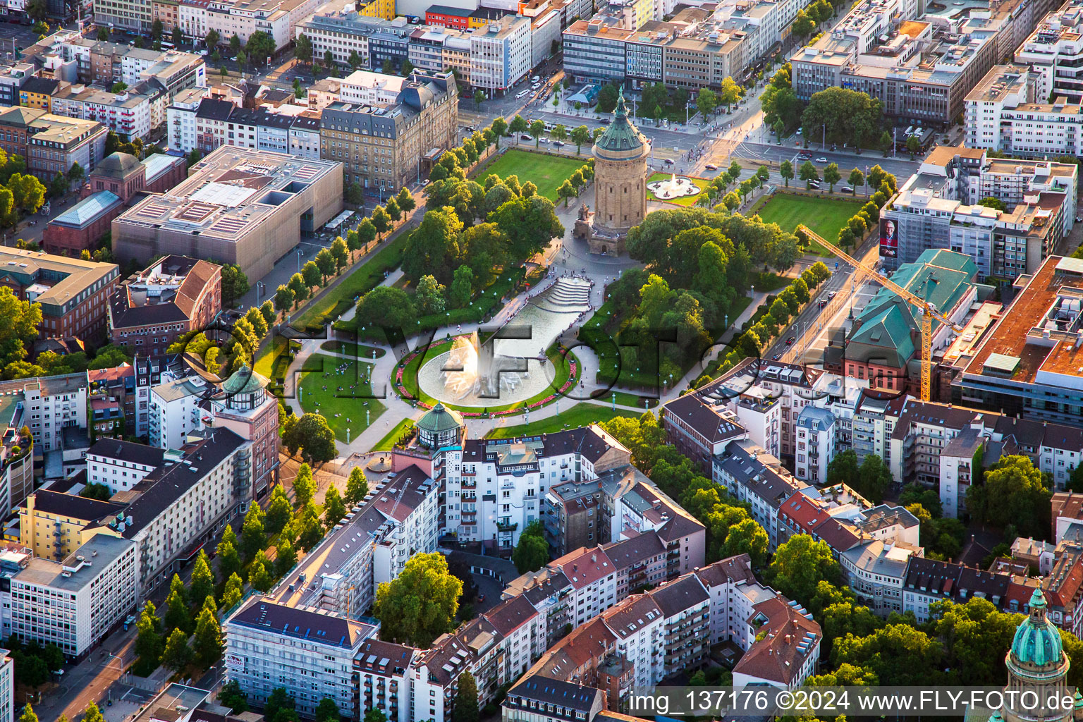 Aerial view of Congress Center Rose Garden and Water Tower in the district Oststadt in Mannheim in the state Baden-Wuerttemberg, Germany