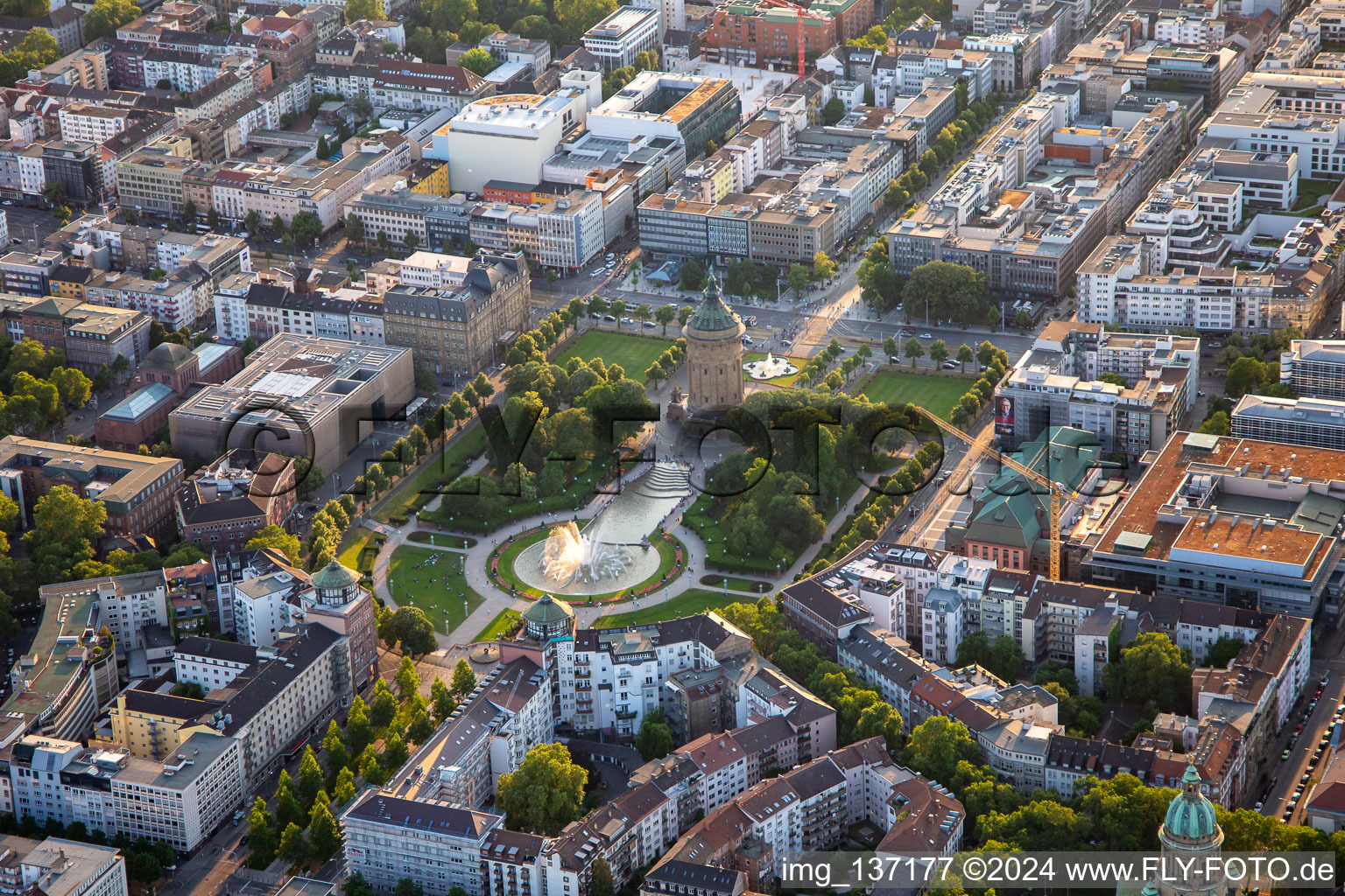 Aerial photograpy of Congress Center Rose Garden and Water Tower in the district Oststadt in Mannheim in the state Baden-Wuerttemberg, Germany