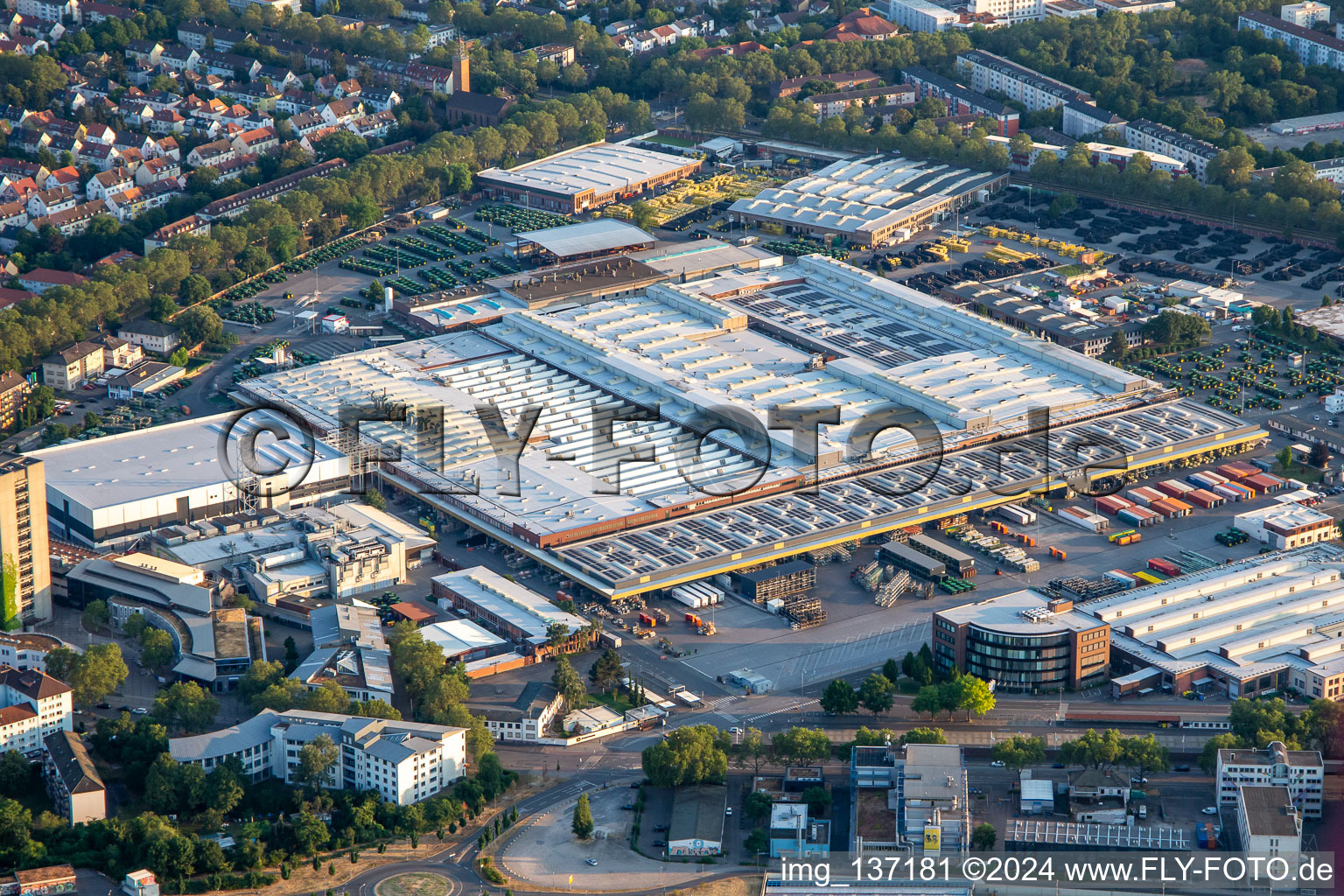 John Deere GmbH & Co KG from the northeast in the district Lindenhof in Mannheim in the state Baden-Wuerttemberg, Germany