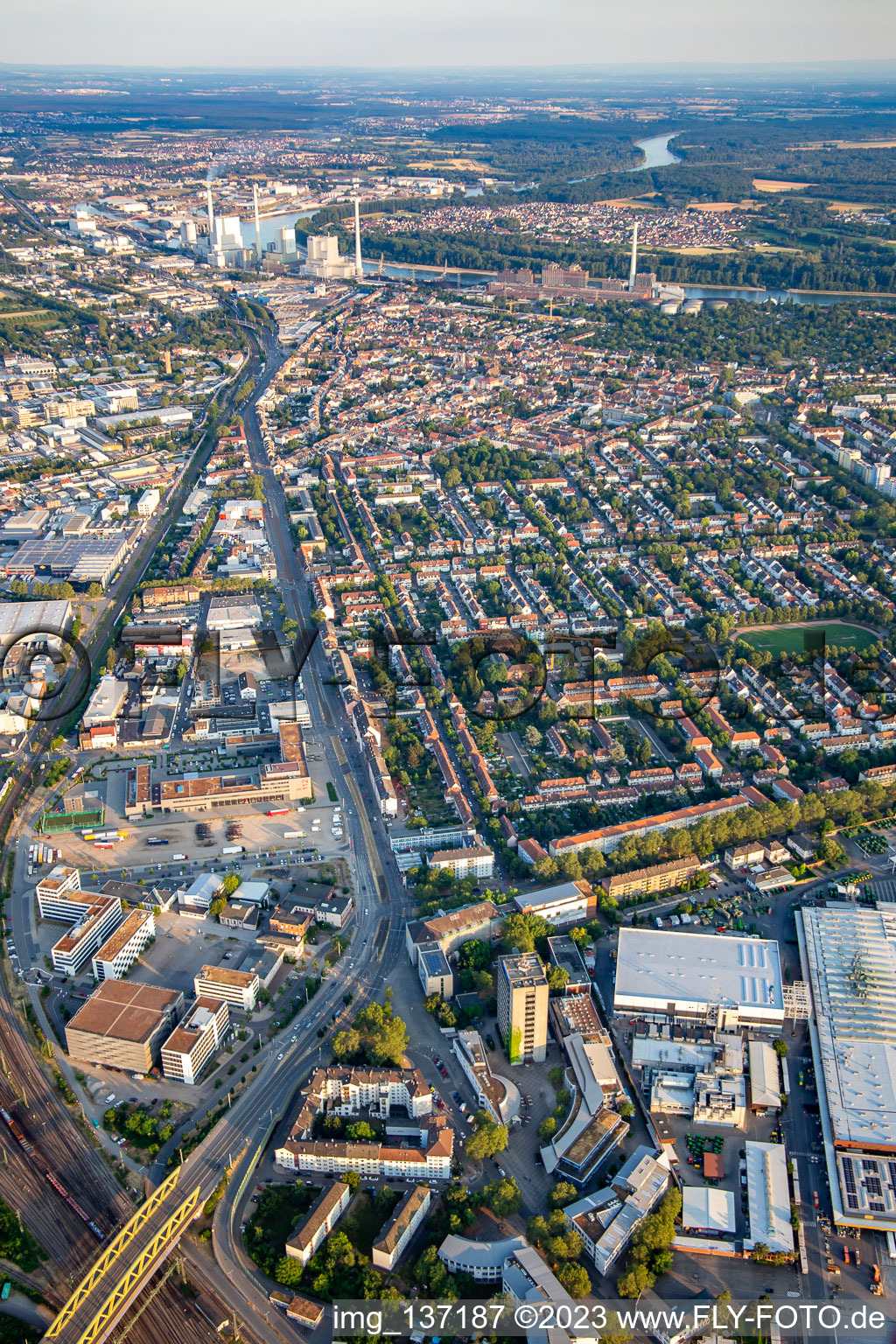 Aerial view of Neckarauerstrasse from the north in the district Neckarau in Mannheim in the state Baden-Wuerttemberg, Germany