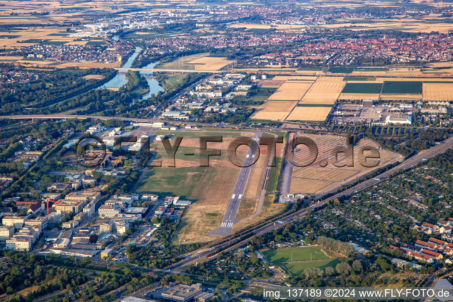 City Airport Mannheim from southeast in the district Neuostheim in Mannheim in the state Baden-Wuerttemberg, Germany