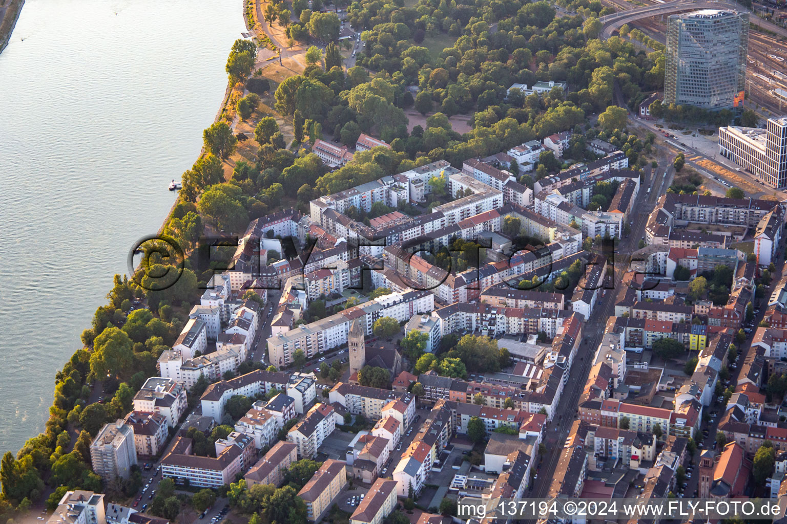 District Lindenhof in Mannheim in the state Baden-Wuerttemberg, Germany from the plane