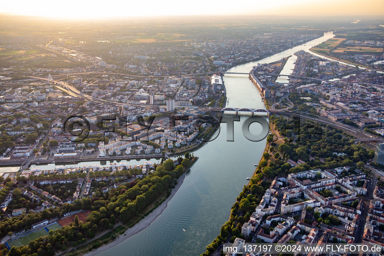 Drone recording of District Lindenhof in Mannheim in the state Baden-Wuerttemberg, Germany