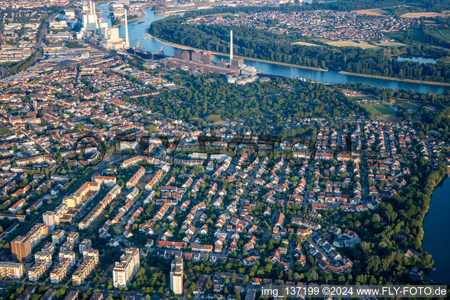 District Neckarau in Mannheim in the state Baden-Wuerttemberg, Germany from the plane