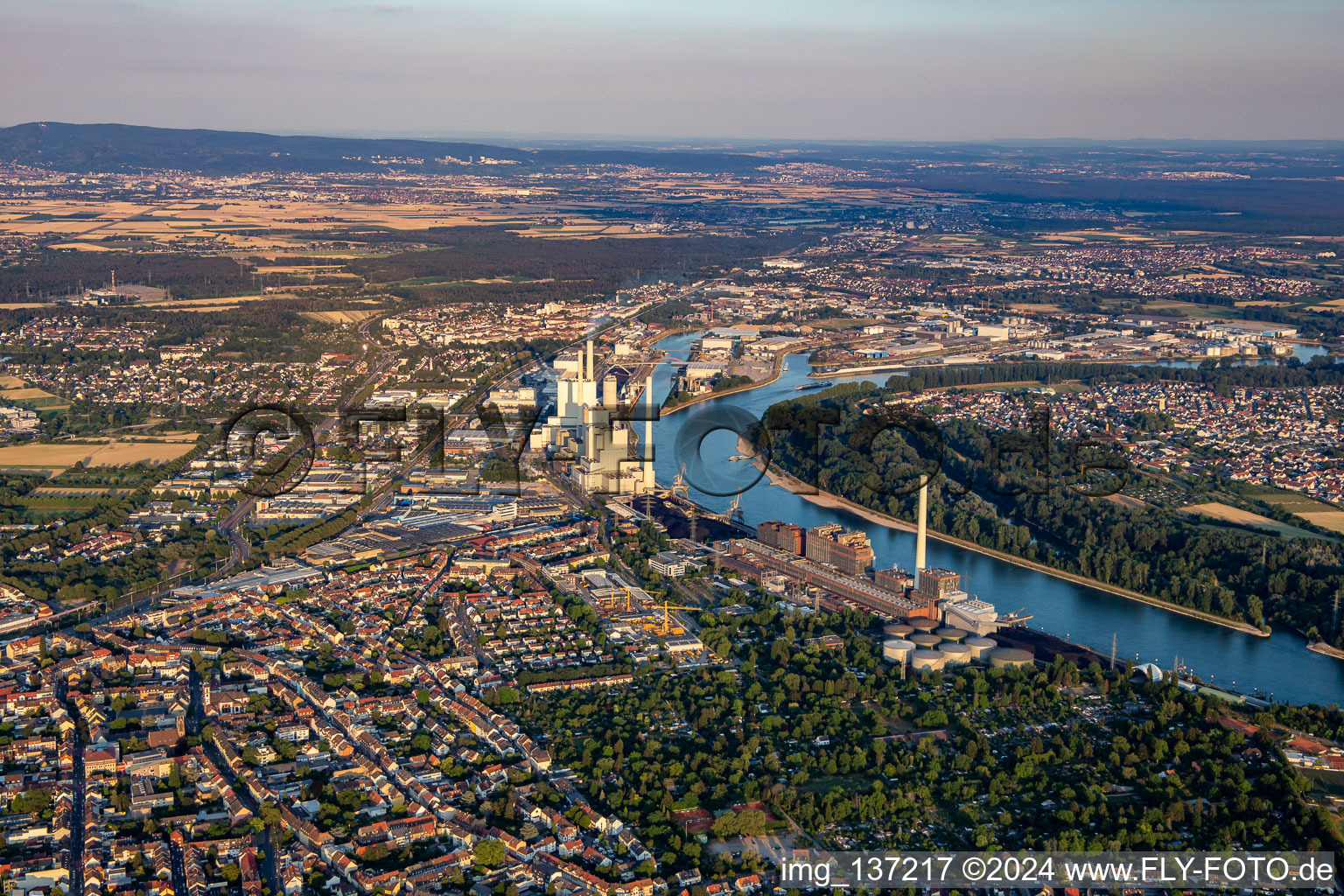 Aerial view of Large power plant Mannheim GKM from north in the district Neckarau in Mannheim in the state Baden-Wuerttemberg, Germany