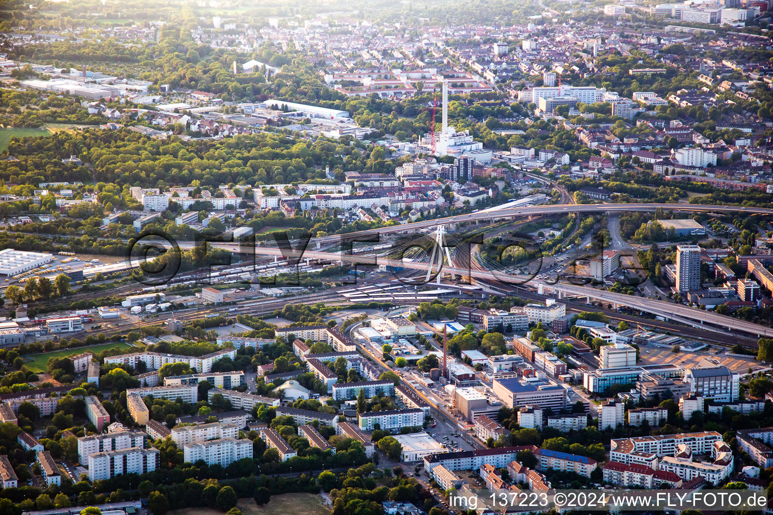 Elevated roads B37 and B44 above the station in the district Mitte in Ludwigshafen am Rhein in the state Rhineland-Palatinate, Germany