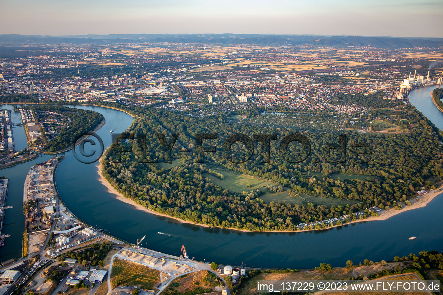 Reissinsel and forest park, nature reserve in the Rhine loop from the south in the district Niederfeld in Mannheim in the state Baden-Wuerttemberg, Germany
