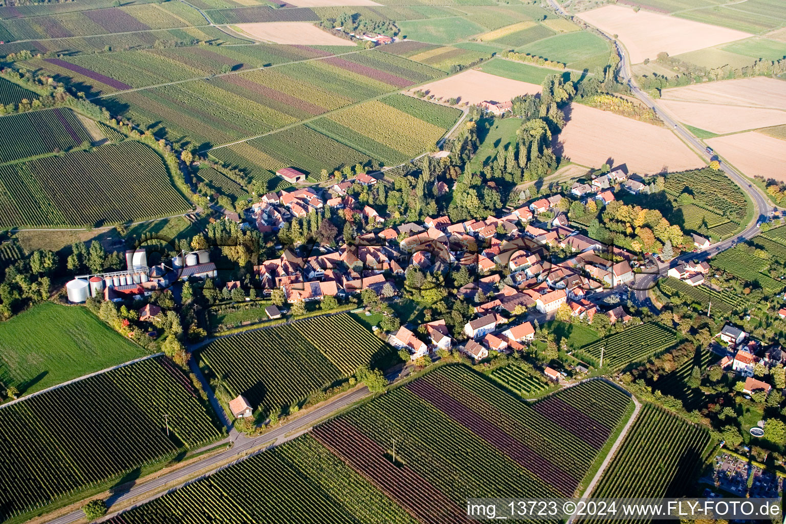 Aerial view of Town View of the streets and houses of the residential areas in the district Appenhofen in Billigheim-Ingenheim in the state Rhineland-Palatinate