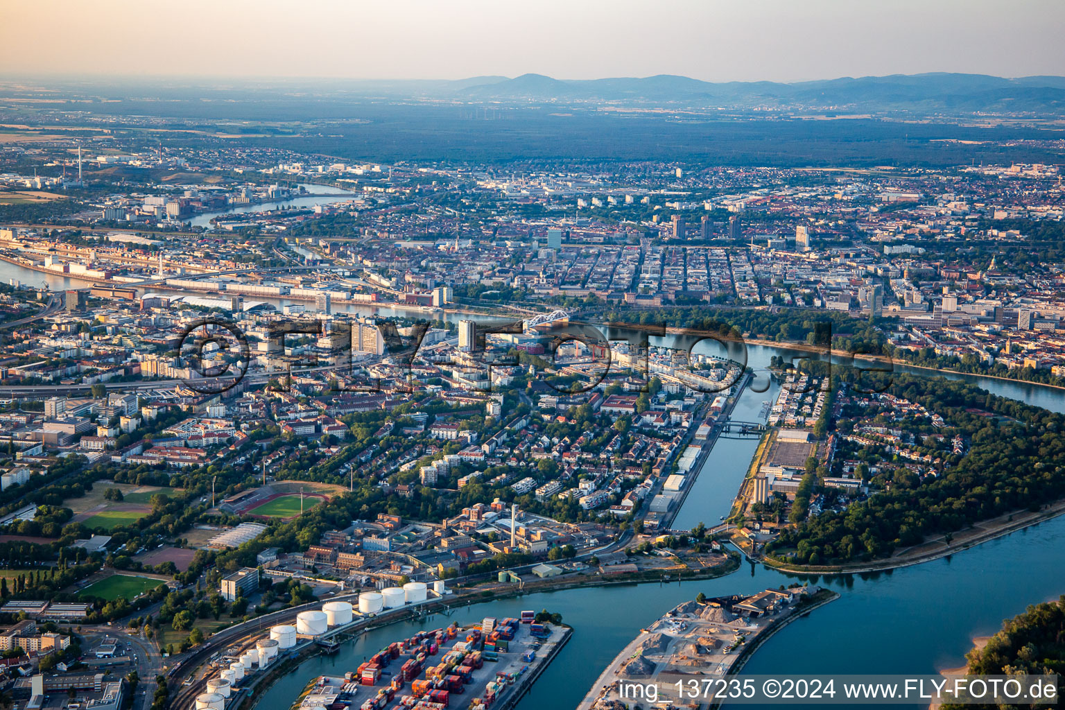 Luitpold harbor from the south in the district Süd in Ludwigshafen am Rhein in the state Rhineland-Palatinate, Germany