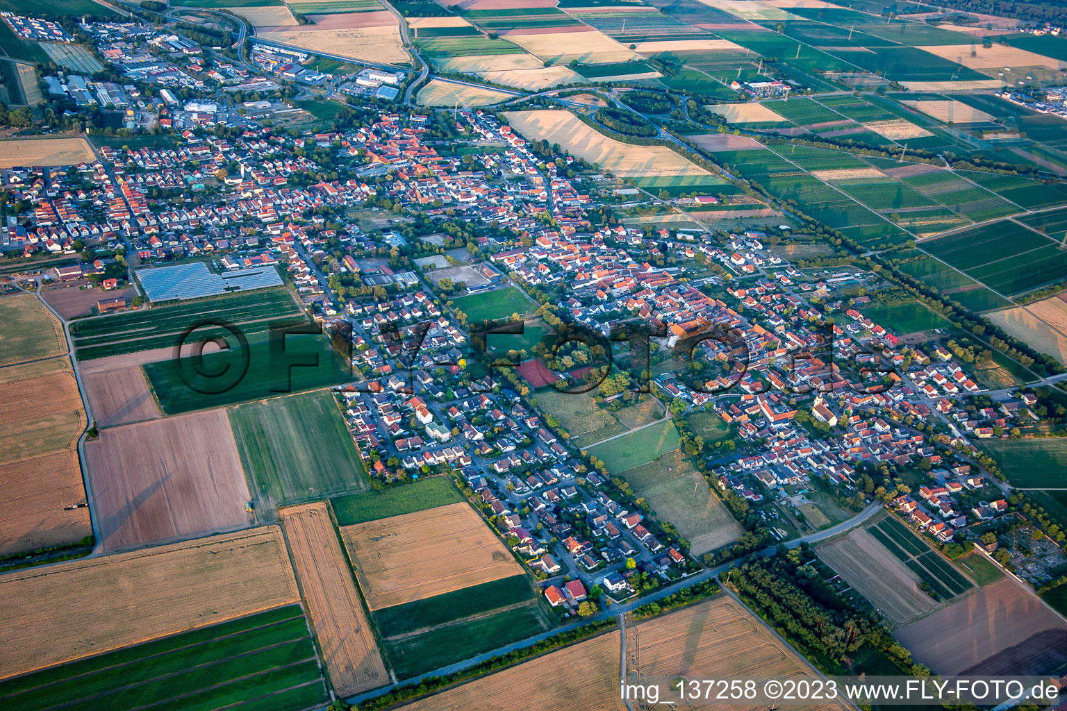 Aerial view of From the west in Schwegenheim in the state Rhineland-Palatinate, Germany
