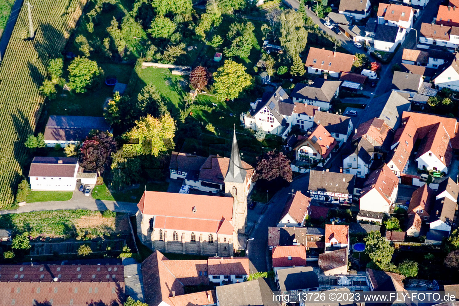 Aerial view of Church building in the village of in the district Ingenheim in Billigheim-Ingenheim in the state Rhineland-Palatinate