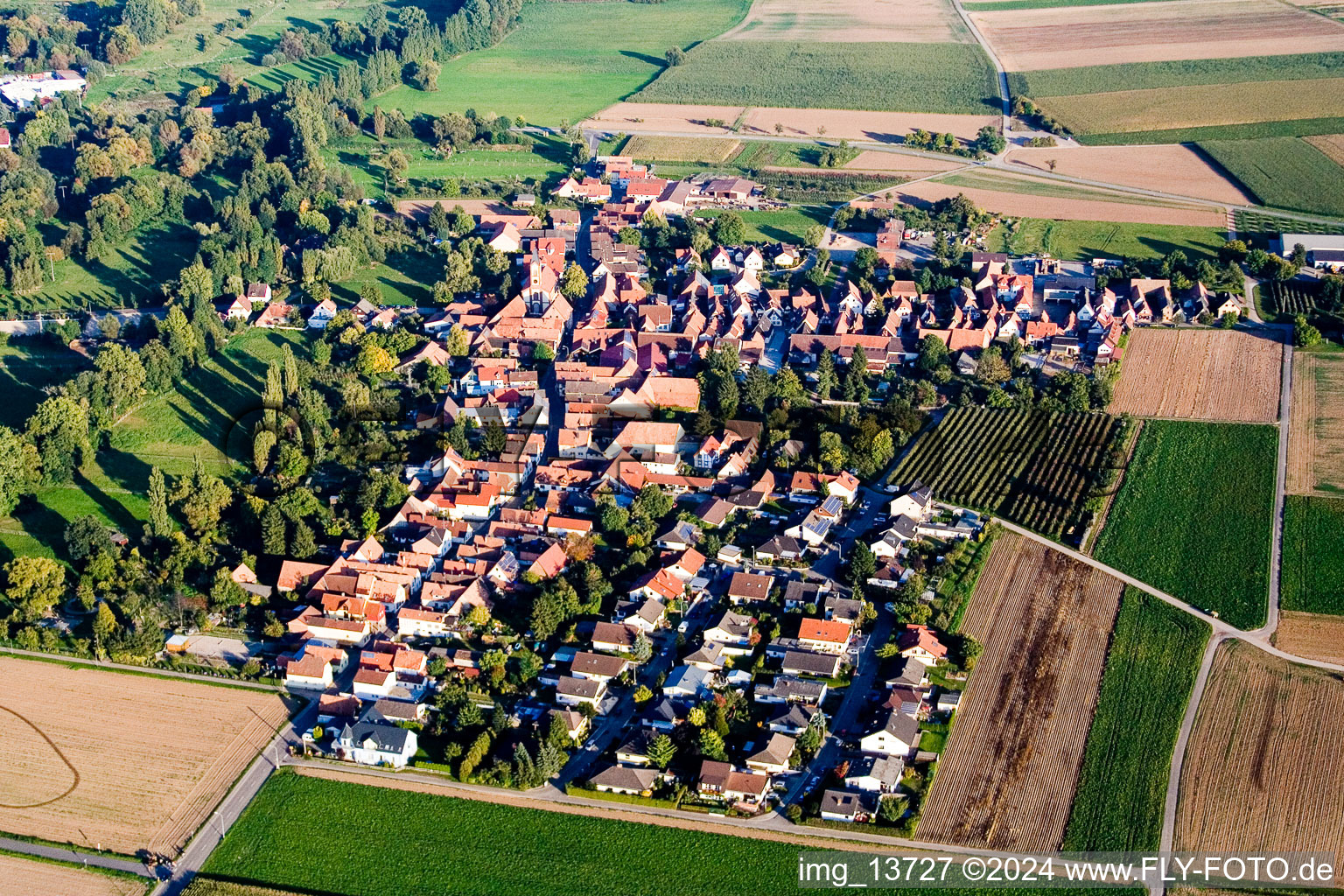 District Mühlhofen in Billigheim-Ingenheim in the state Rhineland-Palatinate, Germany seen from a drone