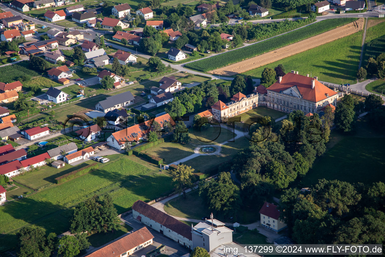 Aerial photograpy of Dornau Castle Dvorec Dornav in Dornava in the state Slovenia, Slovenia