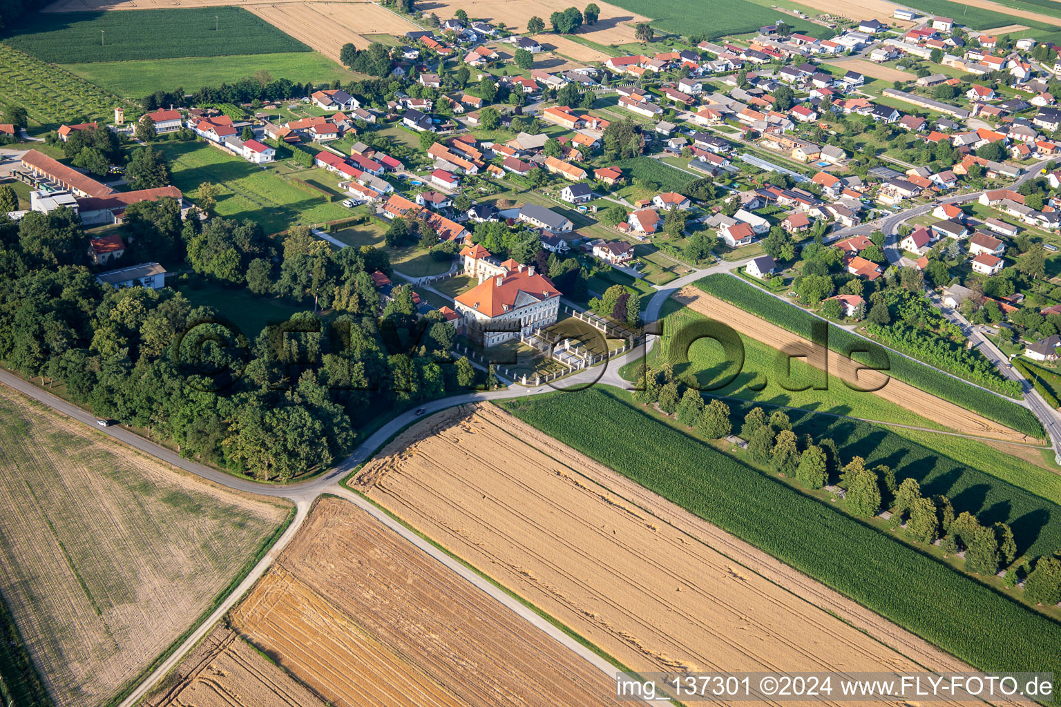 Dornau Castle Dvorec Dornav in Dornava in the state Slovenia, Slovenia from above