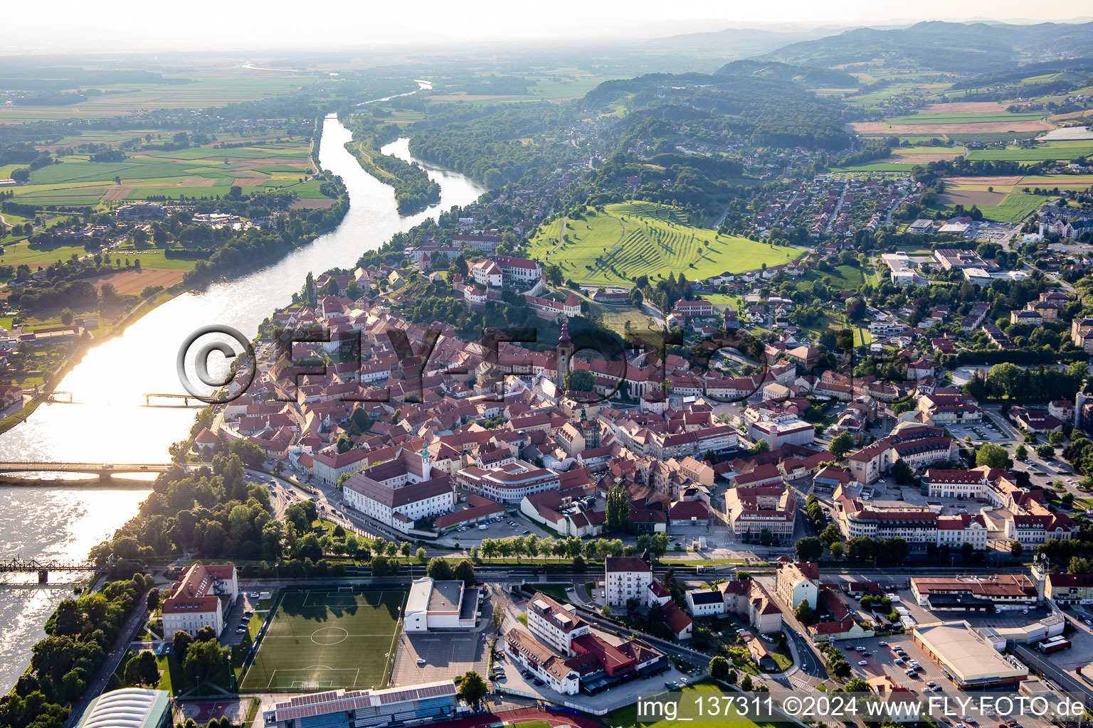 Aerial view of Old town from the southwest in Ptuj in the state Slovenia, Slovenia