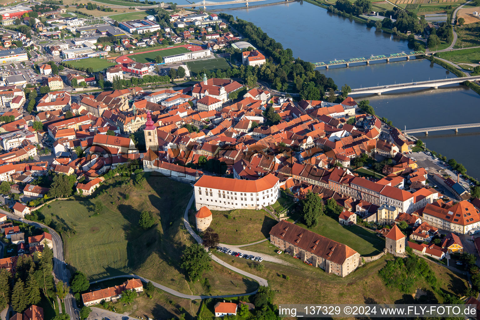 Castle Ptuj/Grade Ptuj above the old town from the north in Ptuj in the state Slovenia, Slovenia