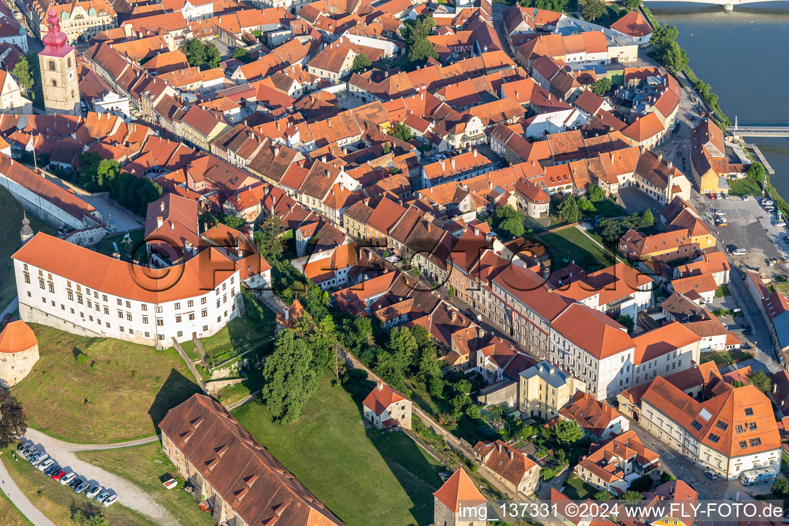 Aerial view of Castle Ptuj/Grade Ptuj above the old town in Ptuj in the state Slovenia, Slovenia