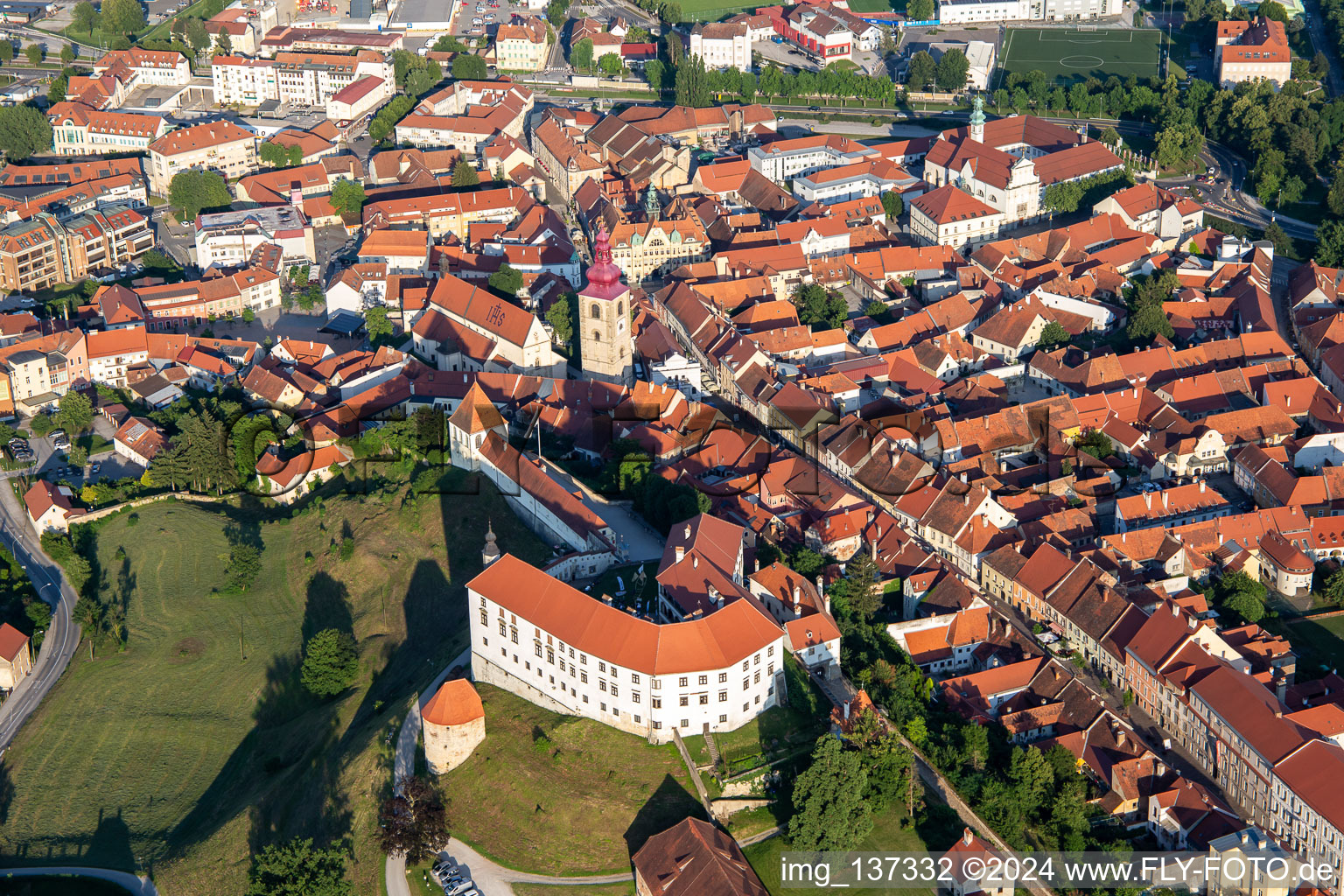 Aerial photograpy of Castle Ptuj/Grade Ptuj above the old town in Ptuj in the state Slovenia, Slovenia