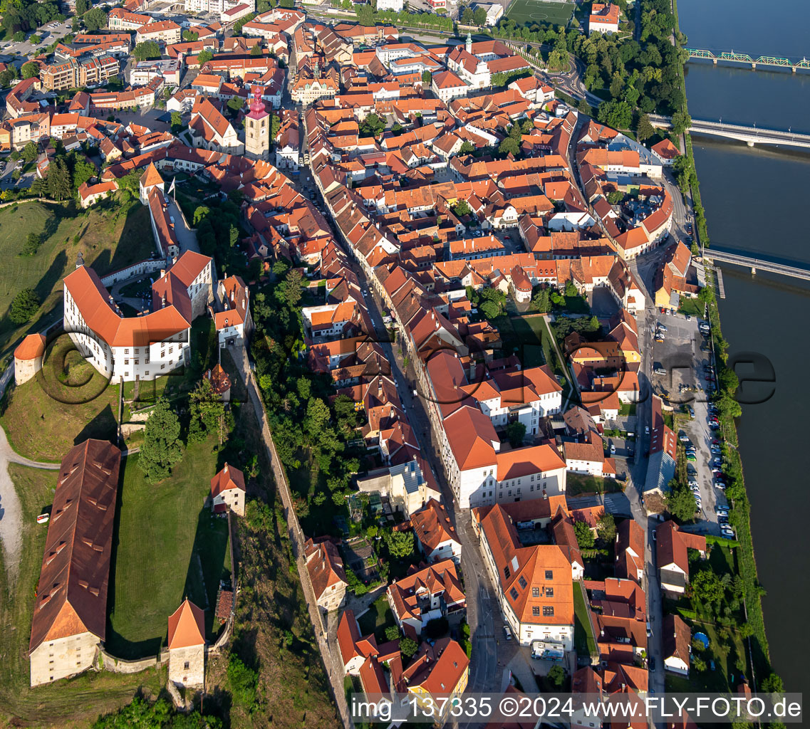 Aerial view of Prešernova ulica under the castle in Ptuj in the state Slovenia, Slovenia