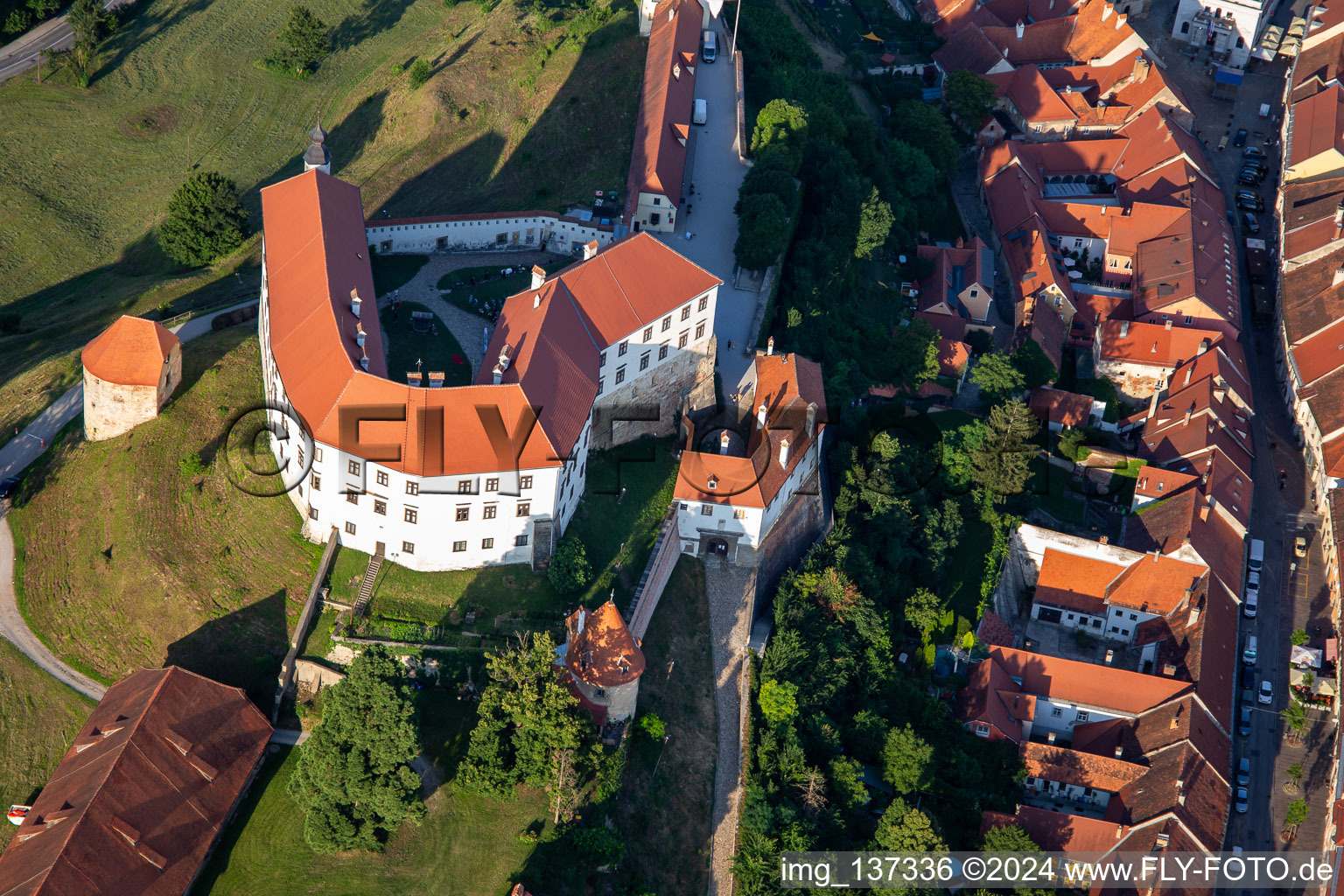 Oblique view of Castle Ptuj/Grade Ptuj above the old town in Ptuj in the state Slovenia, Slovenia