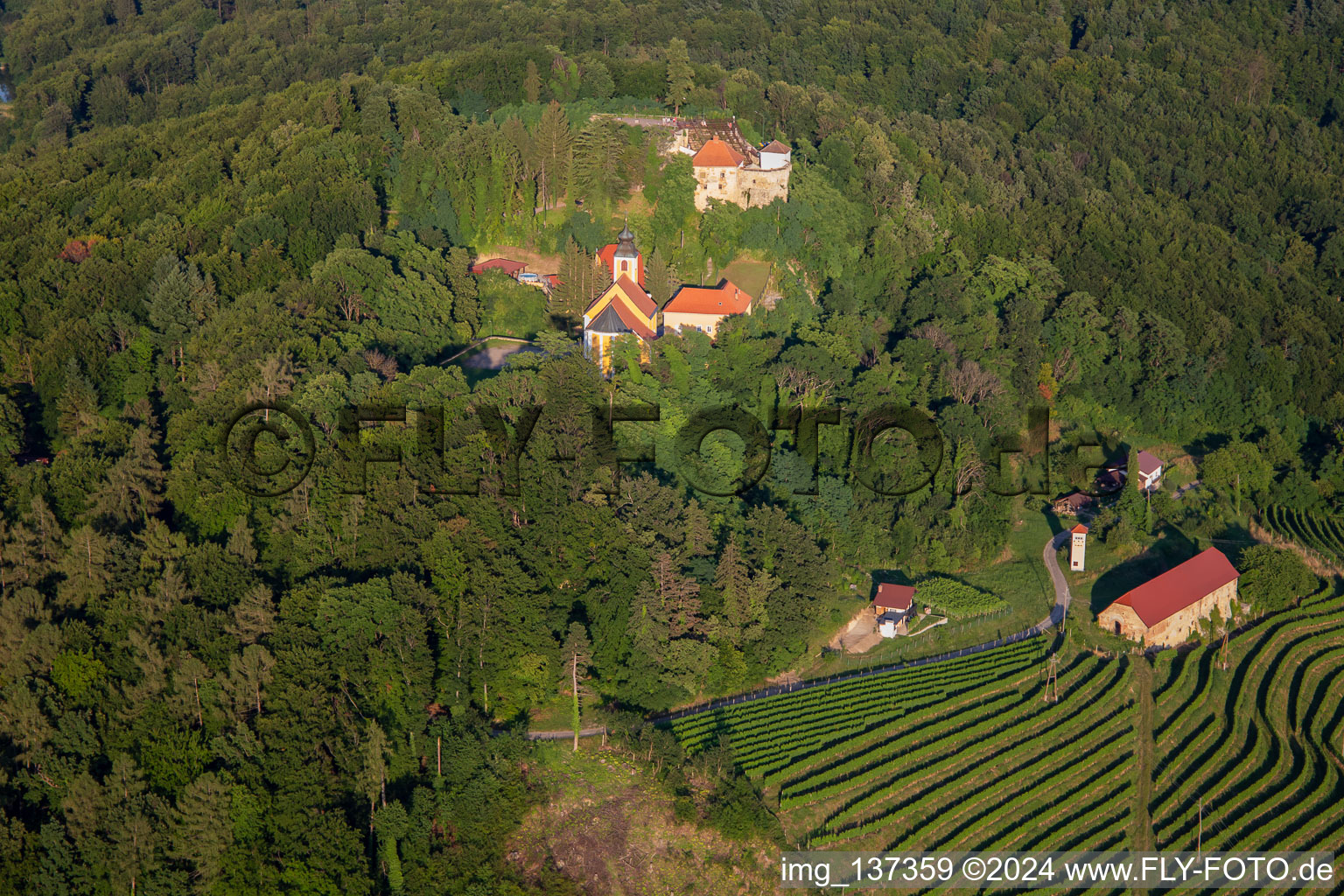 Aerial photograpy of Church of Župnijska cerkev sv. Marije Vnebovzete and Café Huda Liza above the Vurberg vineyards in Duplek in the state Slovenia, Slovenia