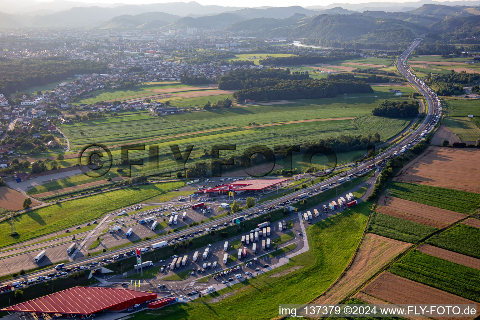 Aerial view of Petrol service station - Bencinski servis - Maribor AC Vzhod on the E59 in Maribor in the state Slovenia, Slovenia