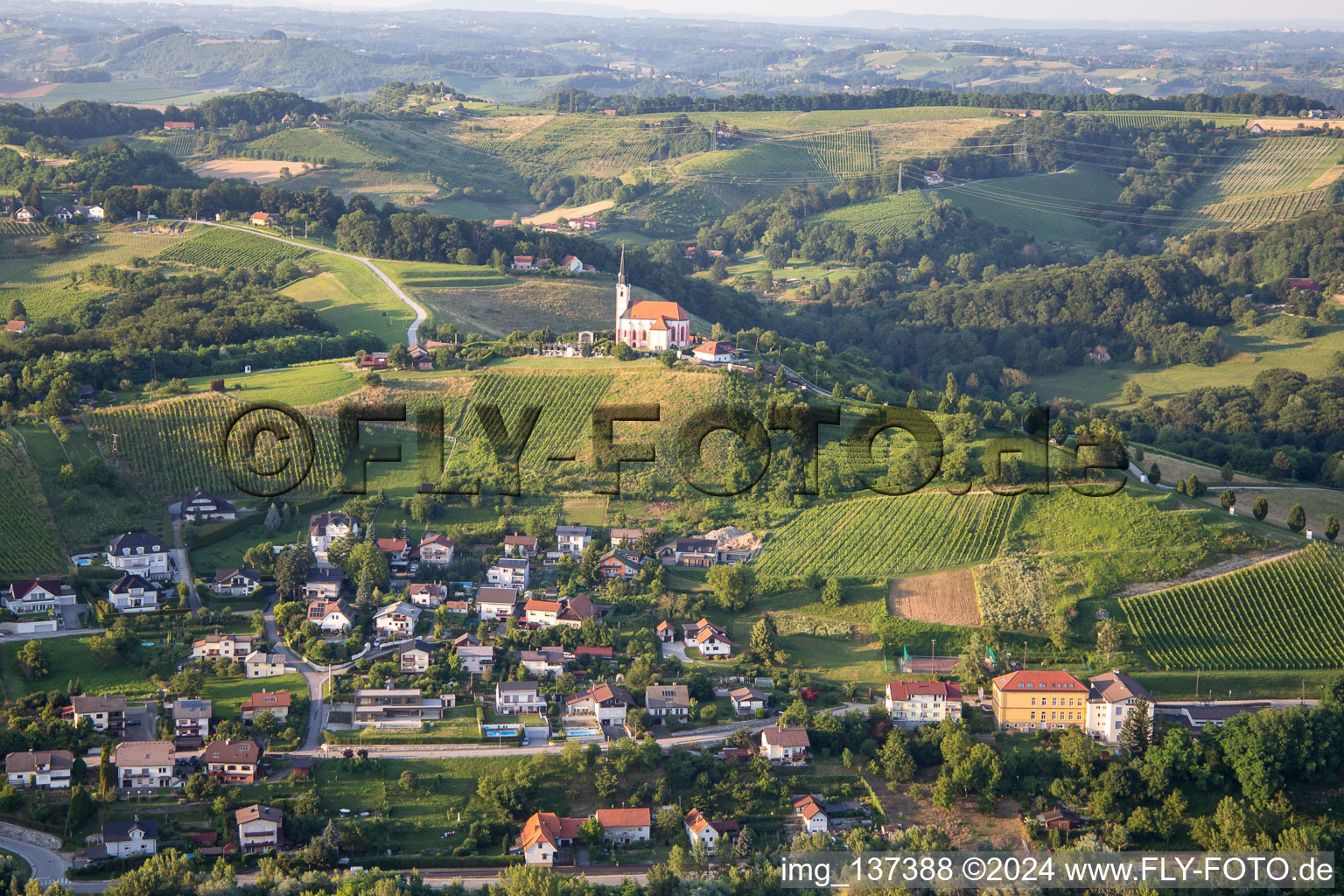 Aerial view of Gorca Church - Marijina cerkev v Malečniku in Maribor in the state Slovenia, Slovenia