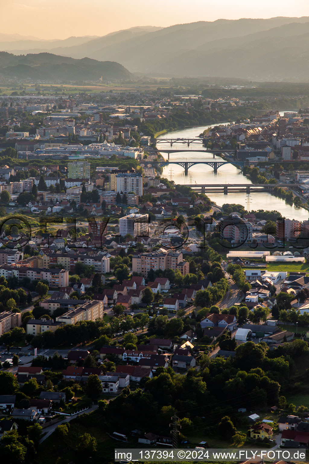 Aerial view of Bridges over the Drava in Maribor in the state Slovenia, Slovenia