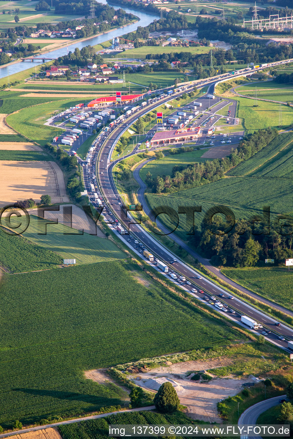 Aerial photograpy of Traffic jam on the E59 in Maribor in the state Slovenia, Slovenia