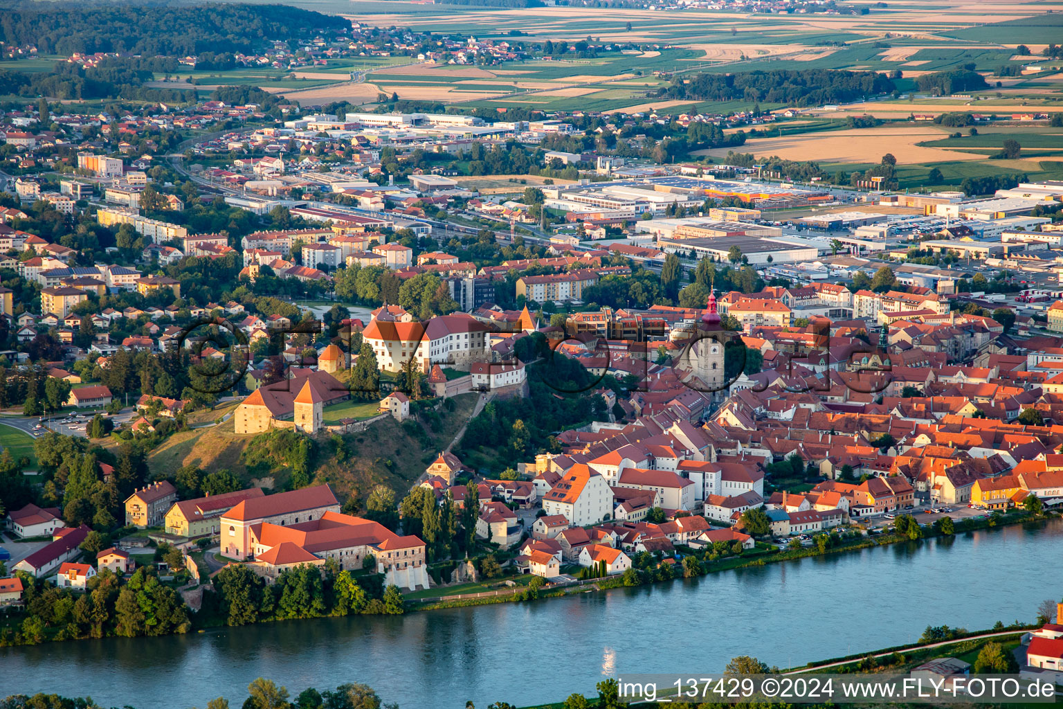 Aerial view of Old town from the northwest in Ptuj in the state Slovenia, Slovenia