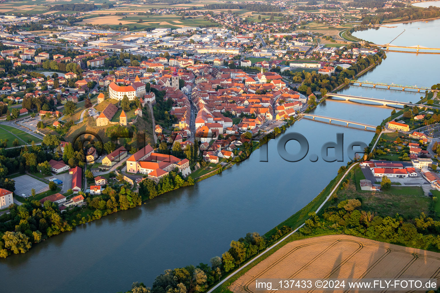 Aerial view of Bridges over the Drava on the banks of the Old Town in Ptuj in the state Slovenia, Slovenia