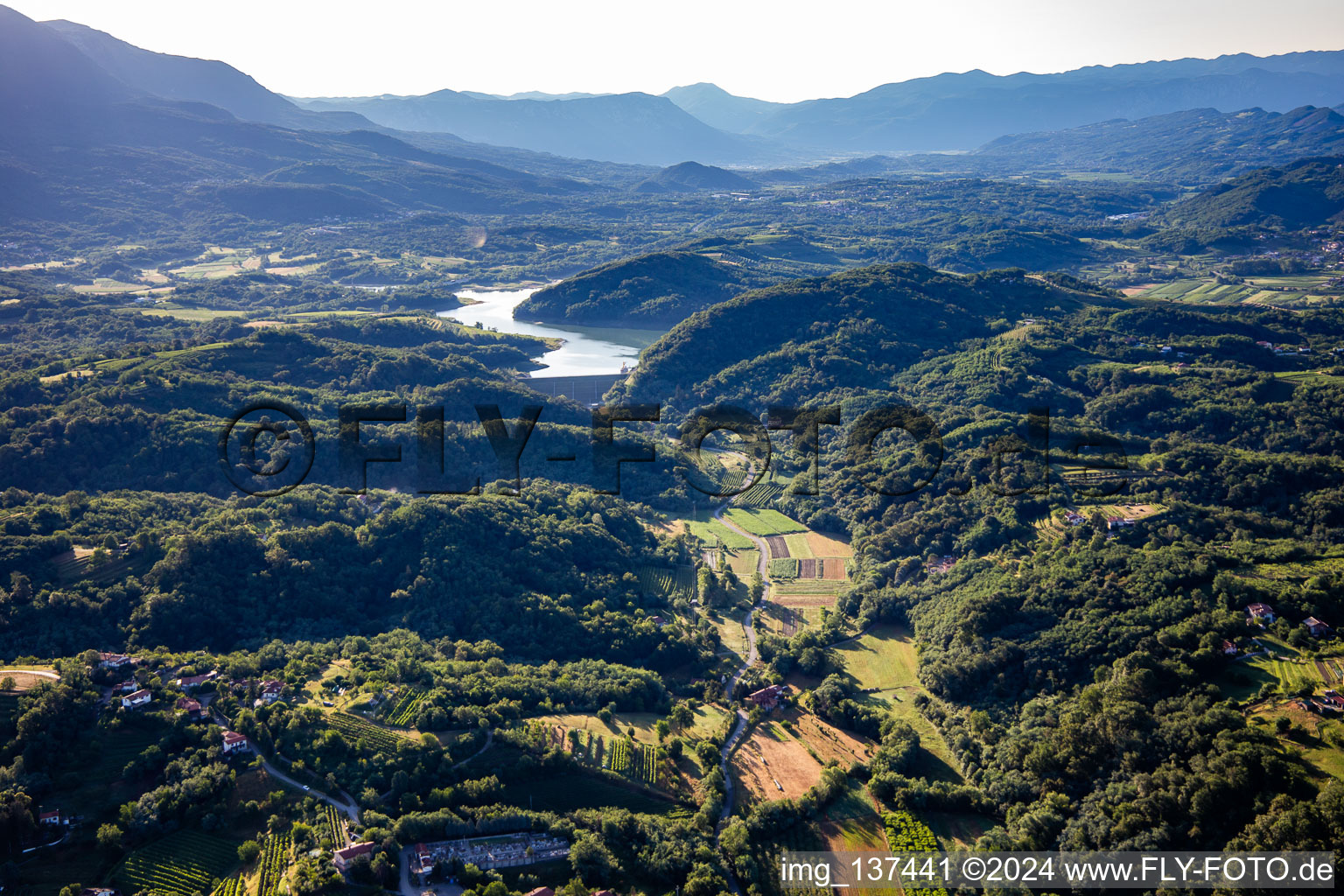 Vogrscek reservoir with dam wall from the west in the district Schönpaß in Nova Gorica in the state Slovenia, Slovenia