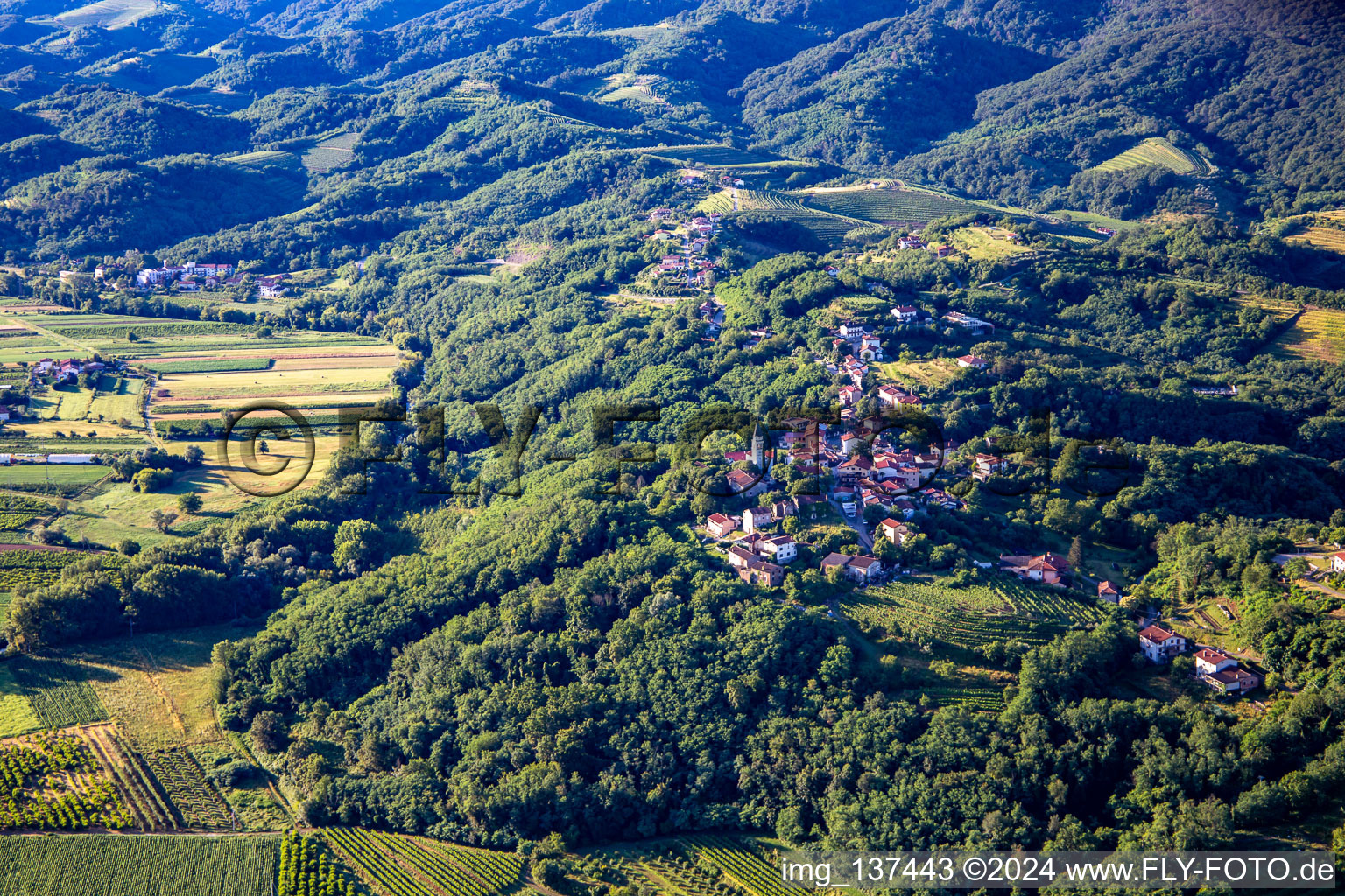 Aerial view of Dvorec Vogrsko in the district Vogrsko in Renče-Vogrsko in the state Slovenia, Slovenia