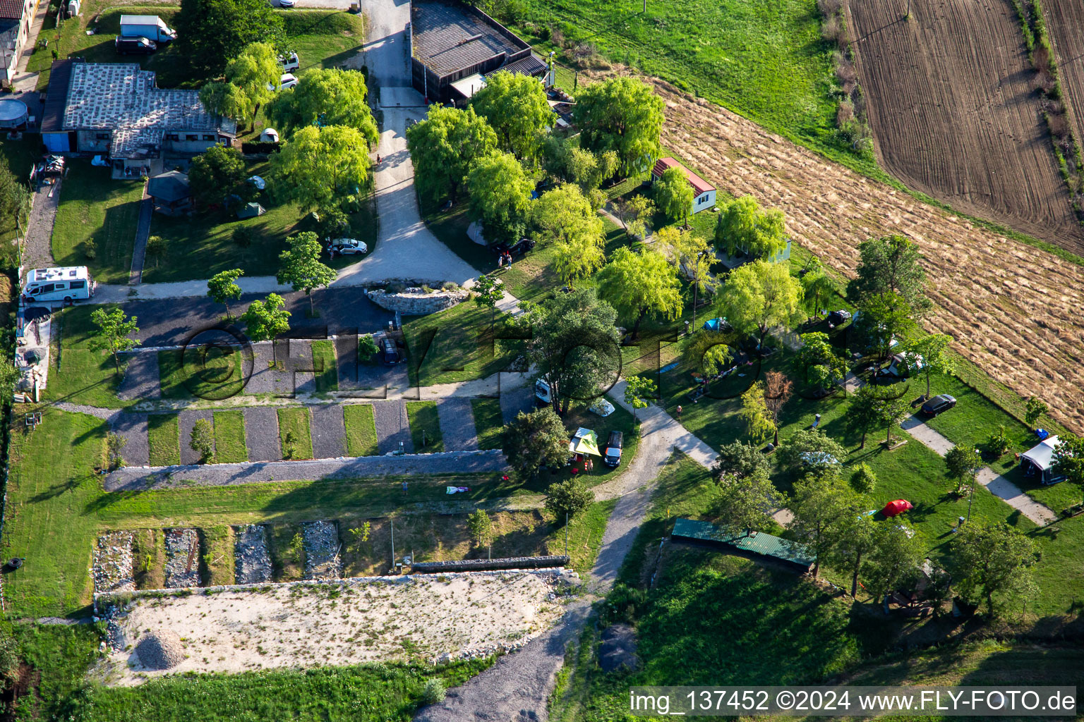 Aerial view of Mobile Home & Camping Park Lijak in the district Ozeljan in Nova Gorica in the state Slovenia, Slovenia