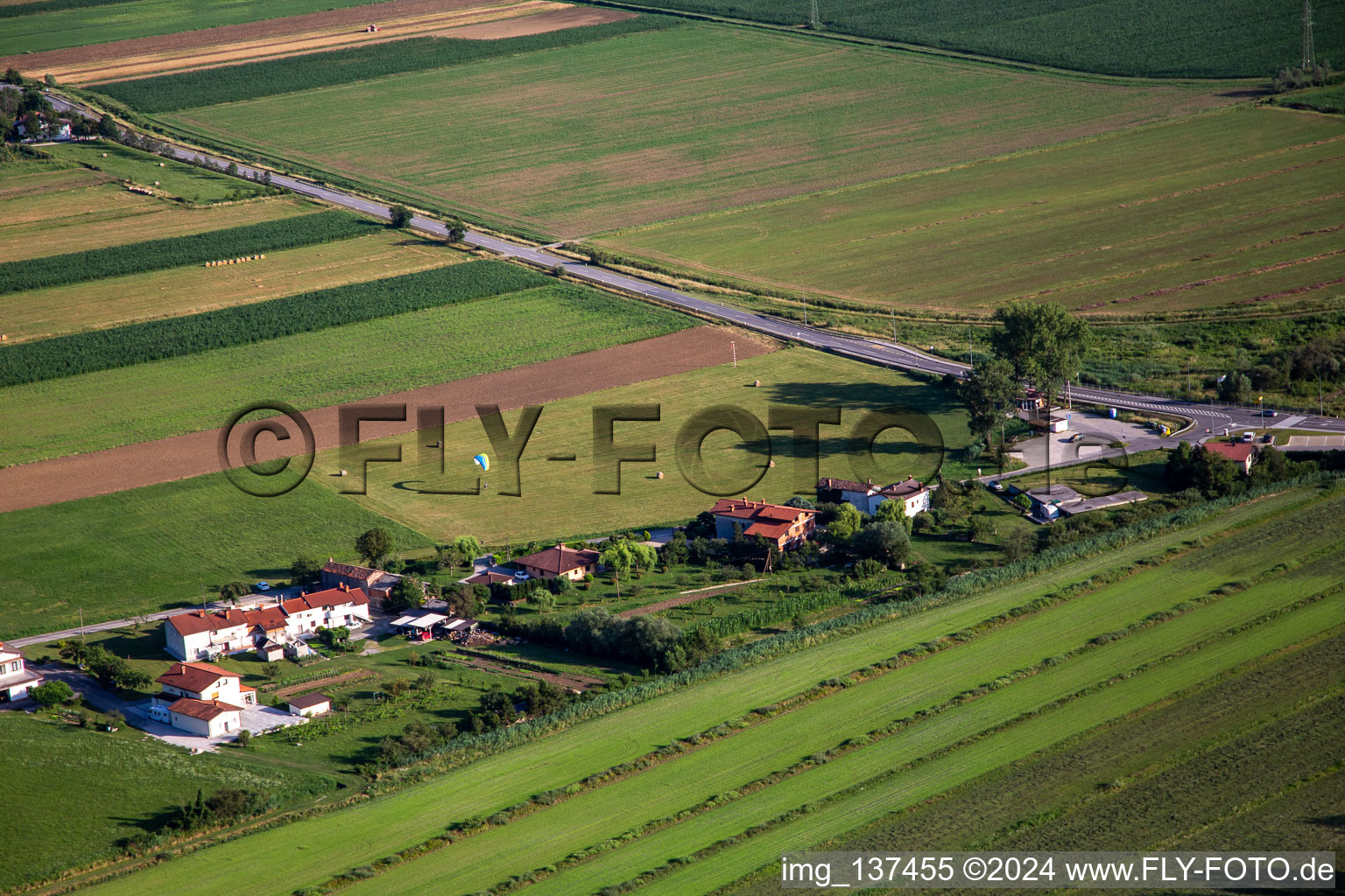 Aerial view of Paragliding Landing Lijak / Društvo jadralnih padalcev Polet Nova Gorica in the district Šmihel in Nova Gorica in the state Slovenia, Slovenia